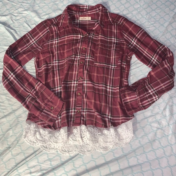 Hollister Tops - Burgundy flannel with lace on the bottom